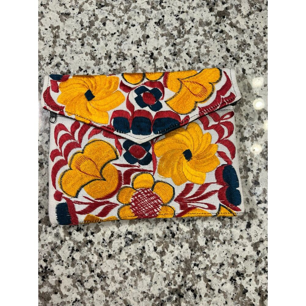 Embroidered Floral Clutch Crossbody Bag Boho Folk Art Yellow Red Blue